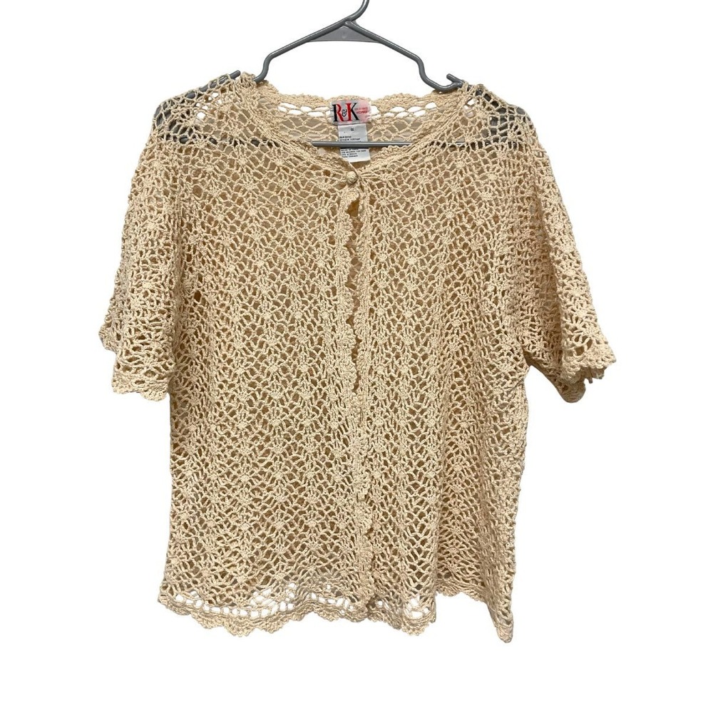 VTG 90s R&K Originals Woman 1X Crochet Cardigan Ramie Cotton Boho Open Knit